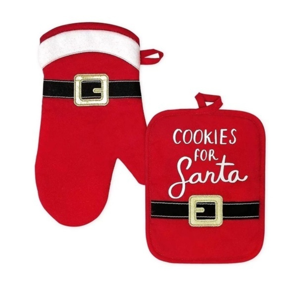 Santa Christmas Holiday Kitchen Oven Mitt & Pot Holder Set - Red - Brand New